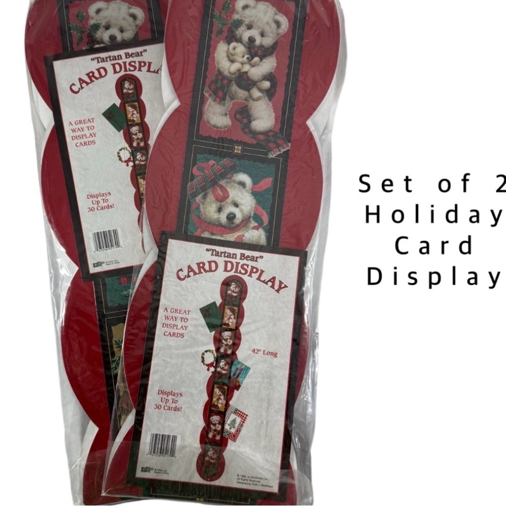 Set of 2 Teddy Tartan Bear Holiday Card Holders–42” Hanging Displays, New